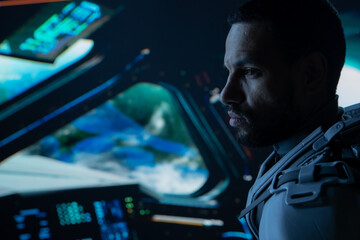 Wall Mural - portrait of african american black male astronaut inside spaceship cockpit. sci-fi space exploration