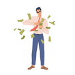 © Sensvector - Businessman with money flat cartoon character. Vector rich person throwing dollar banknotes, happy rich millionaire throws cash. Guy with poor financial literacy squander money, splash out finance