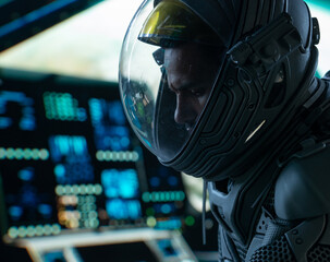 Wall Mural - portrait of african american black male astronaut inside spaceship cockpit. sci-fi space exploration
