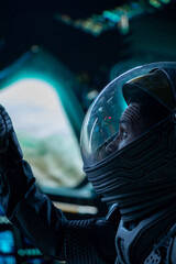 Wall Mural - portrait of african american black male astronaut inside spaceship cockpit. sci-fi space exploration
