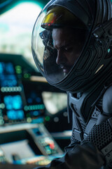 Wall Mural - portrait of african american black male astronaut inside spaceship cockpit. sci-fi space exploration