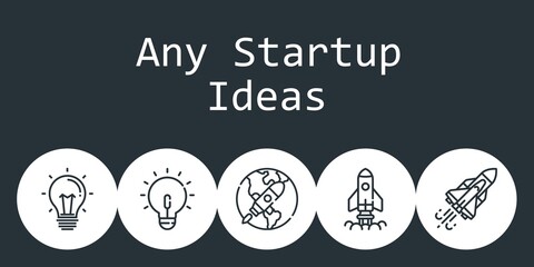 Poster - any startup ideas background concept with any startup ideas icons. Icons related idea, startup, space shuttle