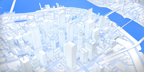 Wall Mural - white low poly modern downtown with river above view