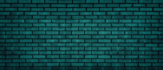 Dark teal brick wall widescreen texture. Old stone block masonry panoramic gloomy background