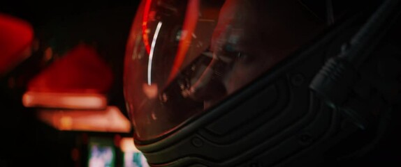 Wall Mural - caucasian male astronaut sits inside spaceship cockpit during landing, going through atmoshpere. sci