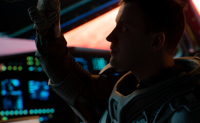 Wall Mural - portrait of caucasian male astronaut inside spaceship cockpit. sci-fi space exploration concept. mar