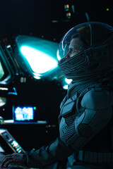 Wall Mural - portrait of caucasian male astronaut inside spaceship cockpit. sci-fi space exploration concept
