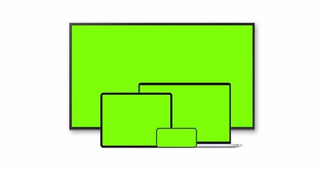 animated mockups: tv, laptop, tablet computer, phone with green screens