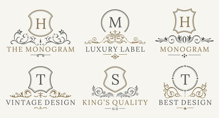 Wall Mural - Retro Royal Vintage Shields Logotype set. calligraphyc Luxury logo design elements. Business signs, logos, identity, spa, hotels, badges