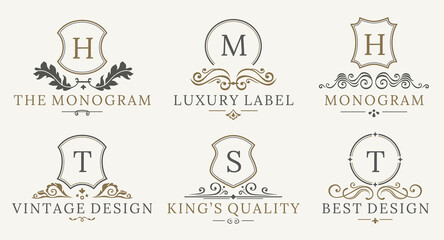 Retro Royal Vintage Shields Logotype set. calligraphyc Luxury logo design elements. Business signs, logos, identity, spa, hotels, badges