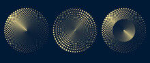 Golden Color Halftone Dots In Circle Form. Round Logo Or Icon. Vector Dotted Frame As Design Element.