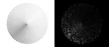 Abstract Dots Halftone Circle. Black Dots Over White Background. Gray Random Dots Over Black Background.