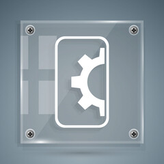 White Software, web development, programming concept icon isolated on grey background. Programming language and program code on screen mobile. Square glass panels. Vector.