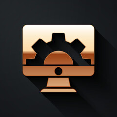 Gold Software, web development, programming concept icon isolated on black background. Programming language and program code on screen monitor. Long shadow style. Vector.