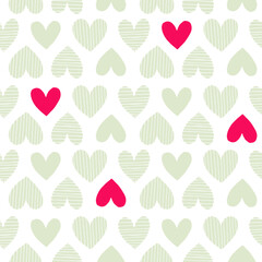 Seamless pattern with light green and red hearts on a white background 