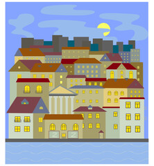 Evening City on the river. Vector illustration, poster, banner, design for website decoration, booklet, typographic products.