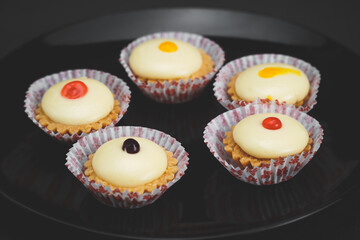 selective focus of cheese tart on the table with a cinematic light.