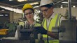 © Ha-nu-man - Professional mechanical engineer and operation team wearing uniform safety working metal lathe industrial manufacturing factory, Heavy industry lathe worker man and woman