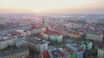 Wall Mural - Olawa, Poland. Aerial cityscape with historic building of Town Hall on sunrise
