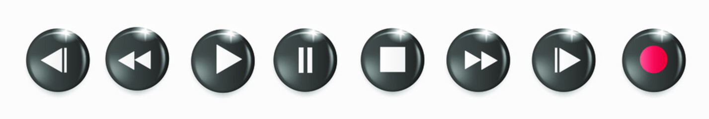 Set of volumetric media player button icons. Play and pause buttons, audio video player, player button icon, play and pause vector button. Vector illustration