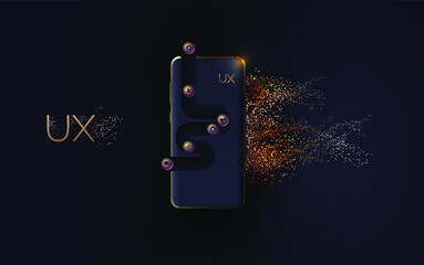 Mobile ui ux, korbon and gold concept. Mobile phone with a mobile app interface consisting of blocks and icons on a black background. User experience, User interface. Vector illustration 3D style.