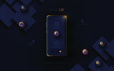 Wall Mural - mobile ui ux, korbon and gold concept. mobile phone with a mobile app interface consisting of blocks