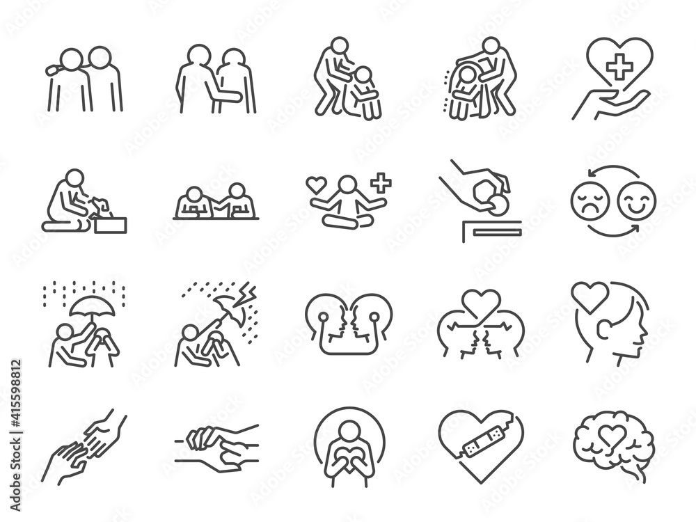 Empathy line icon set. Included the icons as cheer up, friend, support, emotion, mental health, and more. - obrazy, fototapety, plakaty 
