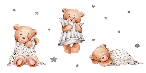 Set with three sleeping teddy bears, pillow and blanket; watercolor hand drawn illustration; can be used for baby shower or cards; with white isolated background