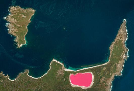 Middle island, lake Hillier a saline lake, Recherche Archipelago. Satellite view of the Australian west coast. Nature and aerial view. Australia. Element of this image is furnished by Nasa