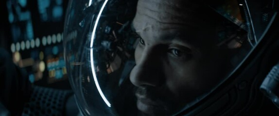 cu portrait of african american black male astronaut inside spaceship cockpit. sci-fi space explorat