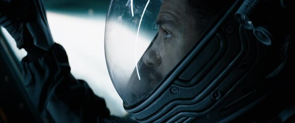 Wall Mural - cu portrait of african american black male astronaut inside spaceship cockpit. sci-fi space explorat