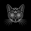 Ornamental cat portrait on black background. Stencil art. Stylized cat face. Cat pattern. Day of the Dead. Painted cat head.