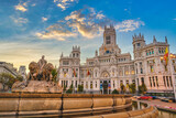 Fototapeta  - Madrid Spain, sunrise city skyline at Cibeles Fountain Town Square