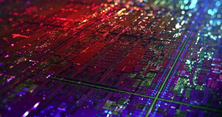 Canvas Print - iridescent multi colored silicon computer wafer with data moving within circuitry. central computer 