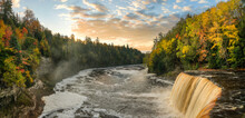 Spectacular Sunrise Shining On The Upper Tahquamenon Falls In Autumn - Michigan State Park In The Upper Peninsula - Waterfall