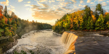 Beautiful Sunrise Shining On The Upper Tahquamenon Falls In Autumn - Michigan State Park In The Upper Peninsula - Waterfall