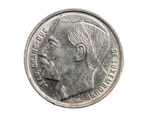 One Luxembourg franc on a white isolated background