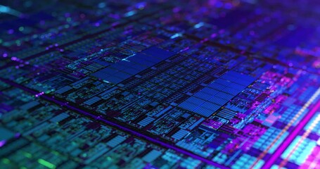 Wall Mural - digital futuristic chip, microchip processor with neon lights. quantum computer, large data processi