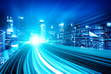 digital data flow on road with motion blur to create vision of fast speed transfer . concept of futu