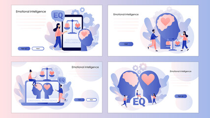 Wall Mural - Emotional intelligence. Heart and brain on scales as symbol of balance. Screen template for mobile smart phone, landing page, template, ui, web, mobile app, poster, banner, flyer. Vector illustration