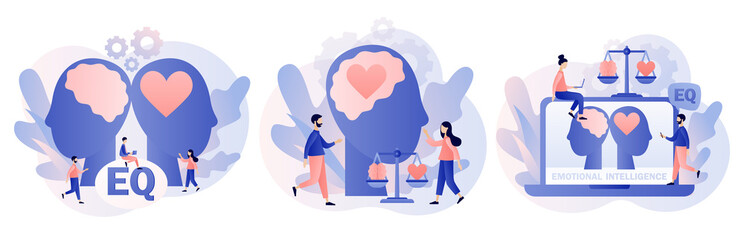 Emotional intelligence. Heart and brain on scales as symbol of balance. Exploring inner personality. Love, mind, logical. Modern flat cartoon style. Vector illustration on white background