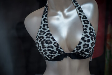 Wall Mural - Closeup of printed leopard bra on mannequin in a fashion store showroom