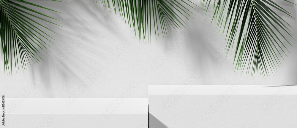 White stone product display podium with nature leaves. 3D rendering	
 - obrazy, fototapety, plakaty 
