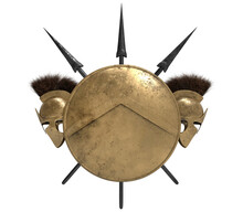 Isolated 3d Render Illustration Composition Of Spartan Shield, Helmets And Spears On White Background.