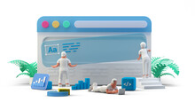 Web UI UX Design Teamwork Concept 3D Illustration. Team People Building Creating Website User Interface Front View
