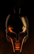 3d Render Illustration Of Spartan Warrior Skull In Helmet Composition On Dark Background.