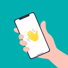 Vector flat cartoon illustration white hand with phone isolated on background. Social network chatting with friends. Clubhouse audio chat.