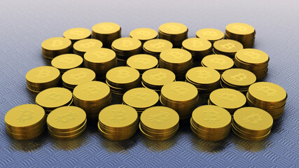 Poster - 3D rendering of stacked golden bitcoins, Cryptocurrency, Business and technology concept