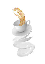 A Cup Of Coffee Floating Or Falling With Splashing Coffee. A Cup Of Tea With Tea Plates Magically Floating On Isolated White Background With Liquid Splashing Out.