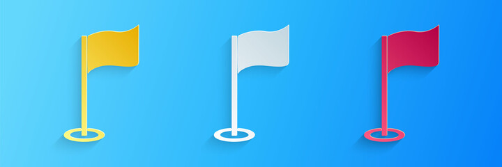 Wall Mural - Paper cut Golf flag icon isolated on blue background. Golf equipment or accessory. Paper art style. Vector.